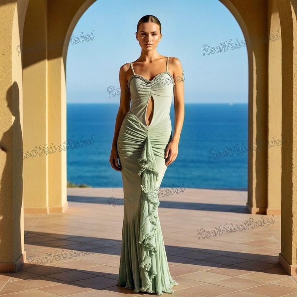 NWT Sage Green Cut Out Ruffle Bodysuit & Ruched Ruffle Backless Skirt Set Sz M